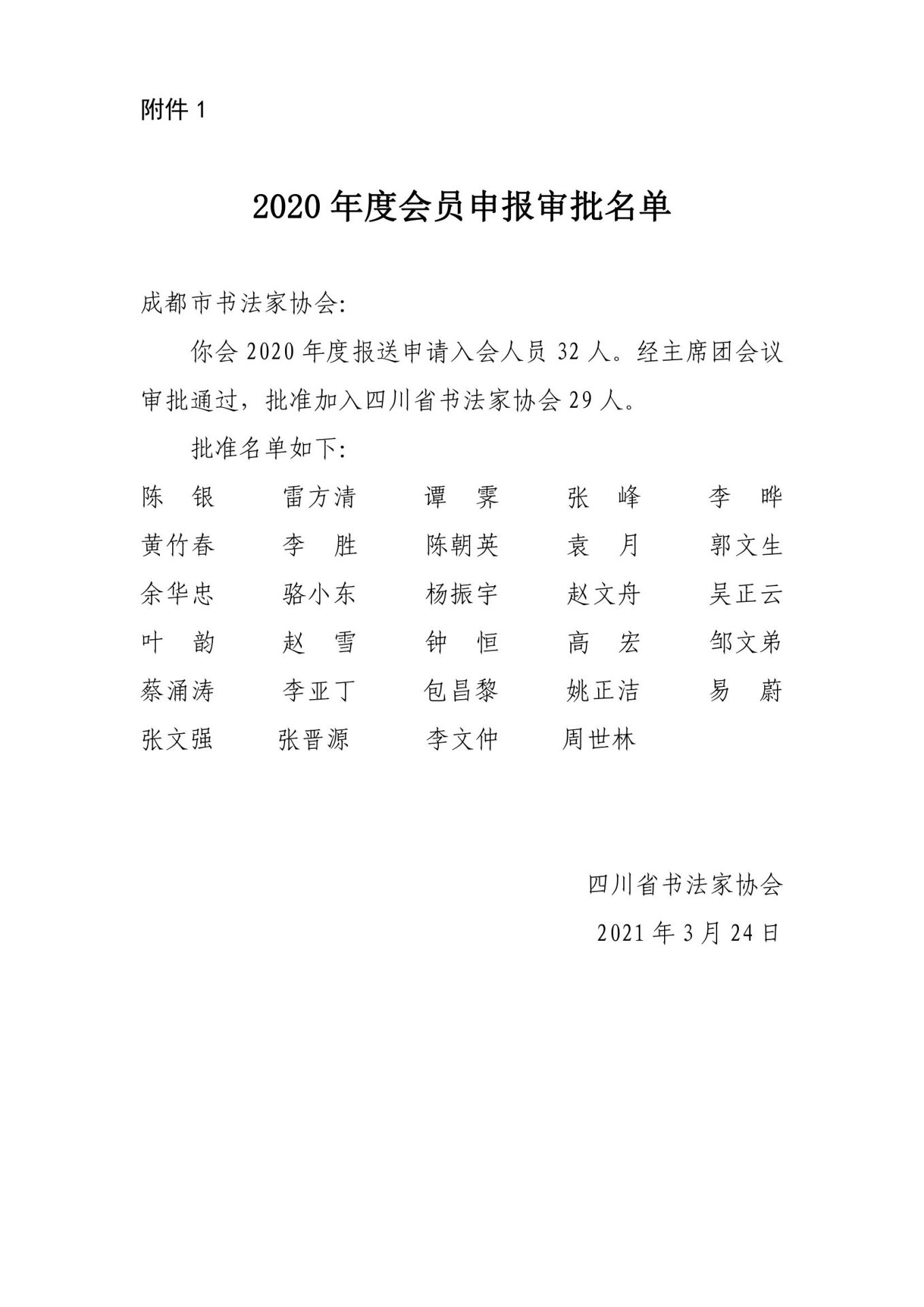 关于 2020 年度四川省书协会员审批结果的通知